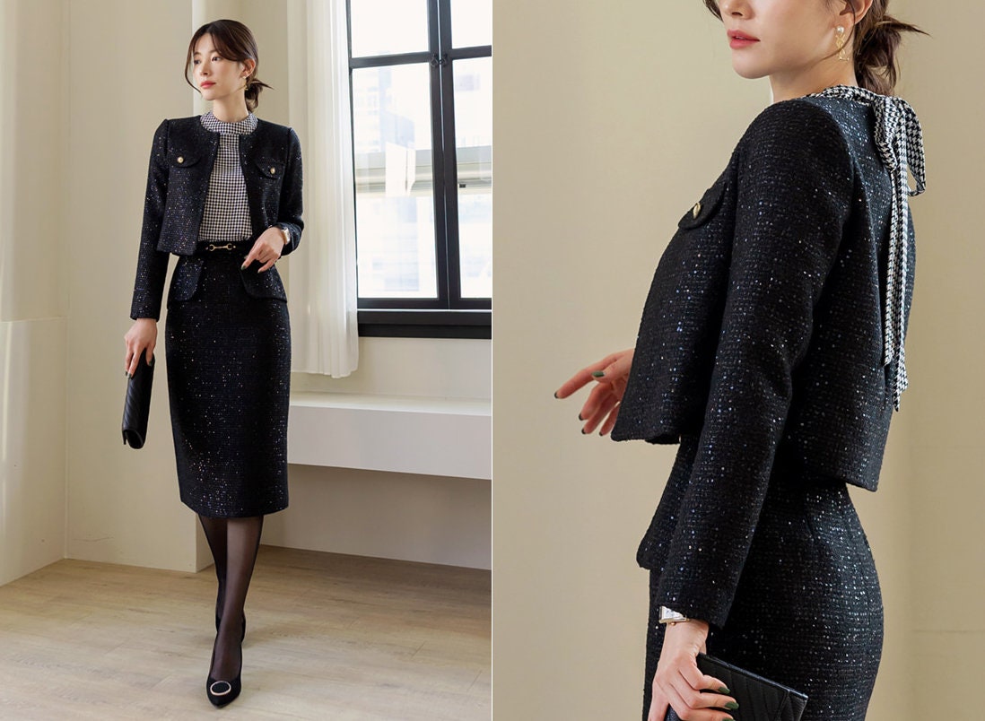 Elegant Black Tweed Jacket Blazer for Fall Winter / Korean Style Classic Setup Jacket / Long Sleeve Soft Jacket / Luxury wear Elegant Jacket