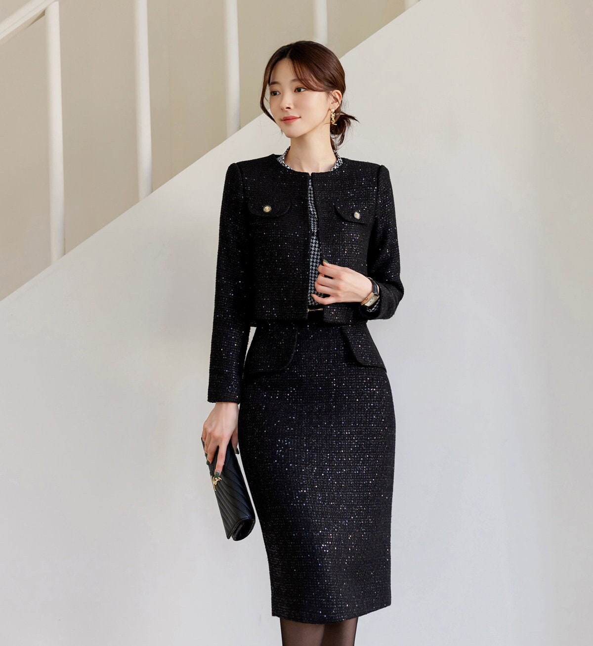 Elegant Black Tweed Jacket Blazer for Fall Winter / Korean Style Classic Setup Jacket / Long Sleeve Soft Jacket / Luxury wear Elegant Jacket