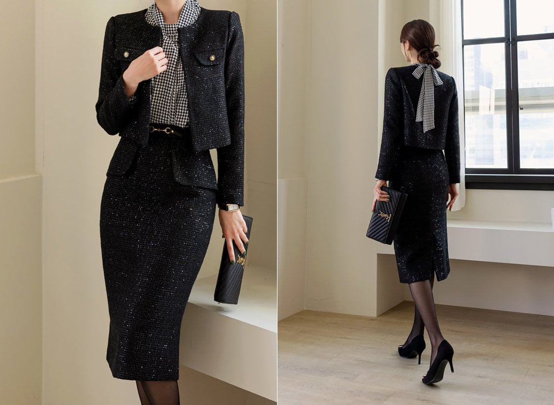 Elegant Feminin Black Tweed Peplum Skirt / Korean Style Office Look Set Up Skirt / Daily Midi Skirt for Fall to Spring