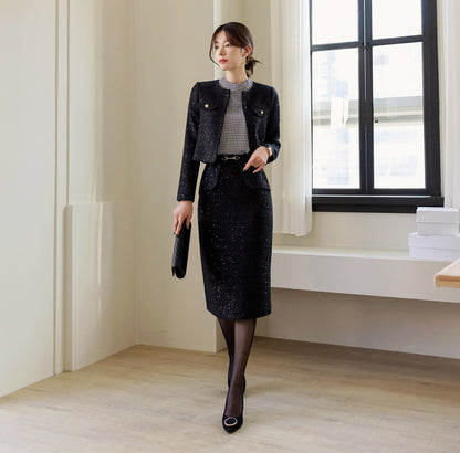 Elegant Feminin Black Tweed Peplum Skirt / Korean Style Office Look Set Up Skirt / Daily Midi Skirt for Fall to Spring