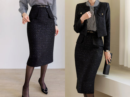 Elegant Feminin Black Tweed Peplum Skirt / Korean Style Office Look Set Up Skirt / Daily Midi Skirt for Fall to Spring