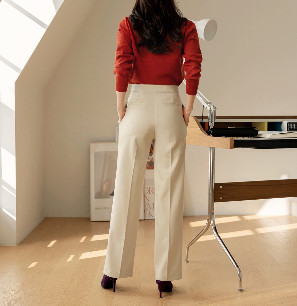 Comfortable Elegant Pin-Tuck Straight Slacks / Korean Style Women Semi-Wide Pants / Comfortable Office School Pants for Fall Winter