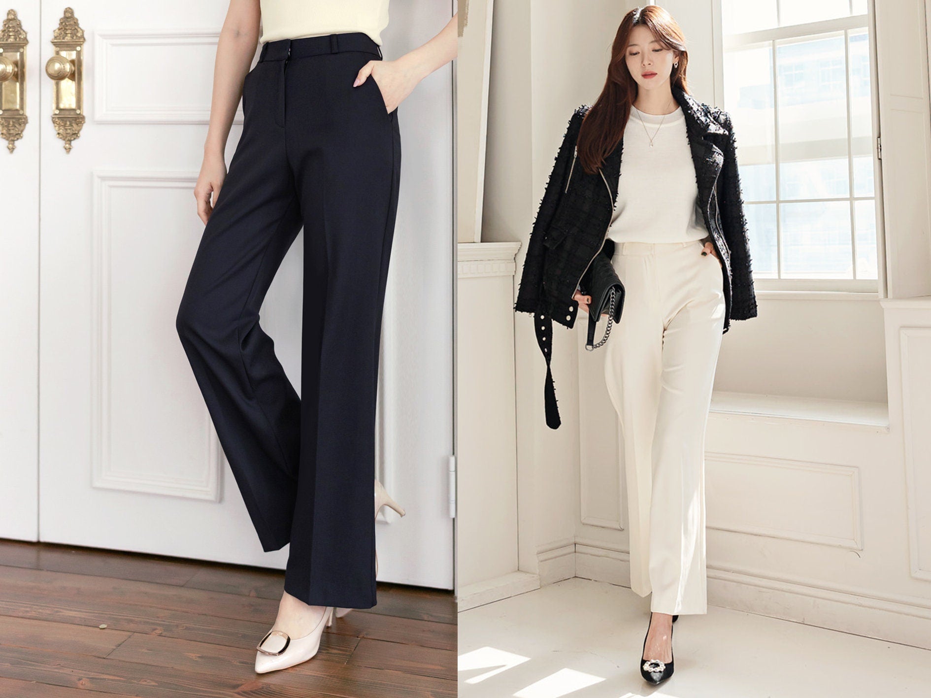 Comfortable Elegant Wool blend Straight Slacks / Korean Style Women Daily Pants / Comfortable Office School Pants for Fall Winter