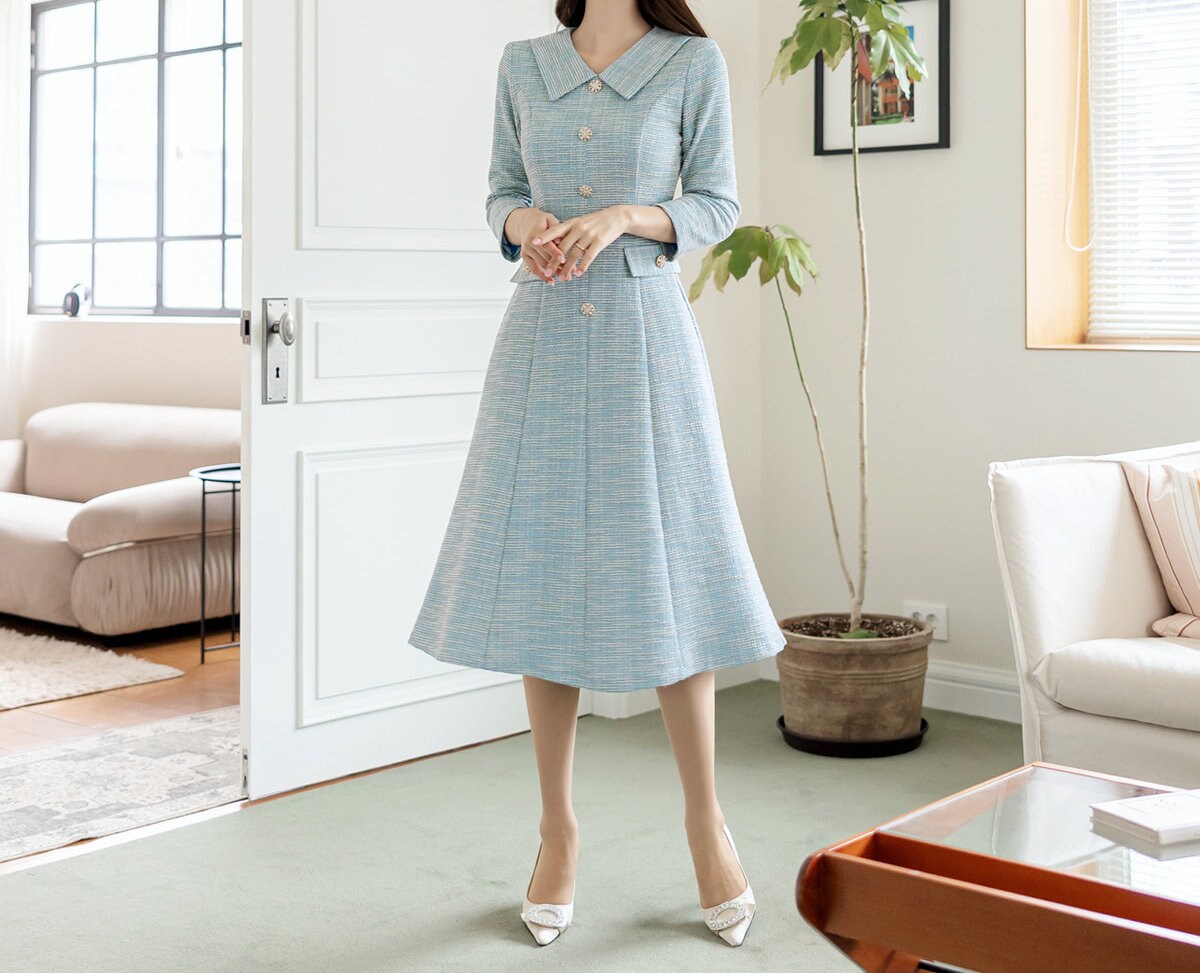 Feminine Elegant Tweed Dress with Jewel Button / Korean Style Feminine Semi-Mermaid Midi Dress / Luxury wear Elegant Party Dress