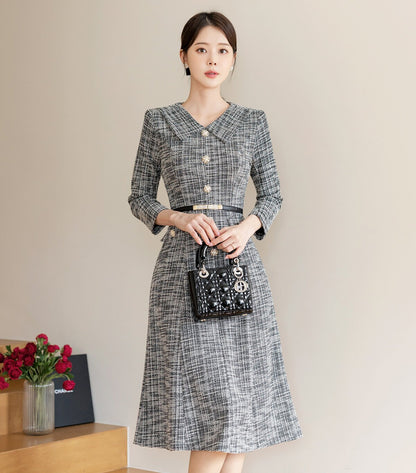 Feminine Elegant Tweed Dress with Jewel Button / Korean Style Feminine Semi-Mermaid Midi Dress / Luxury wear Elegant Party Dress