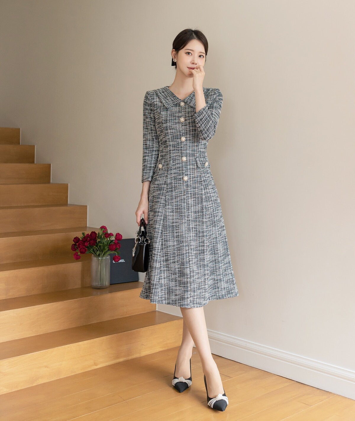 Feminine Elegant Tweed Dress with Jewel Button / Korean Style Feminine Semi-Mermaid Midi Dress / Luxury wear Elegant Party Dress