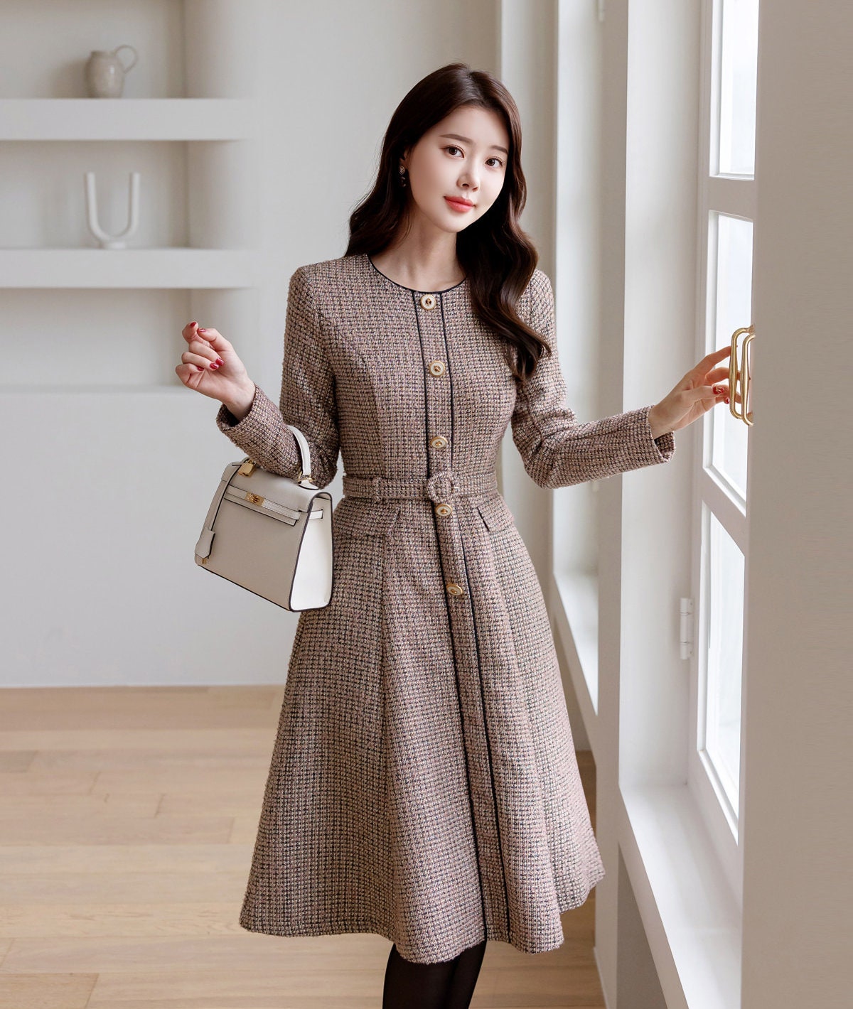 Elegant Classic Tweed Flare Dress with Belt / Korean Style Feminine Midi Dress / Luxury wear Elegant Party Dress