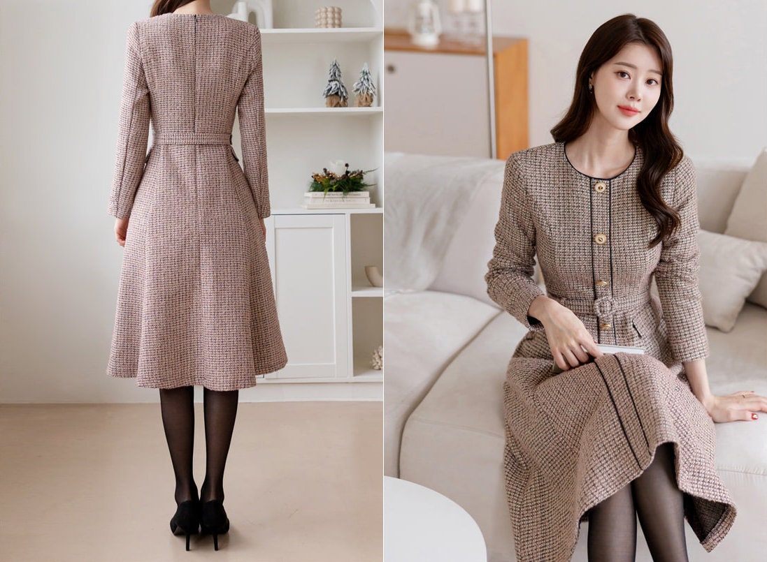 Elegant Classic Tweed Flare Dress with Belt / Korean Style Feminine Midi Dress / Luxury wear Elegant Party Dress