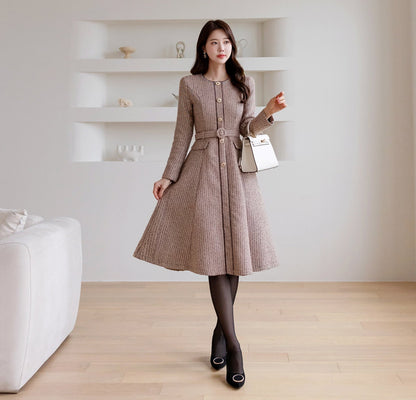 Elegant Classic Tweed Flare Dress with Belt / Korean Style Feminine Midi Dress / Luxury wear Elegant Party Dress