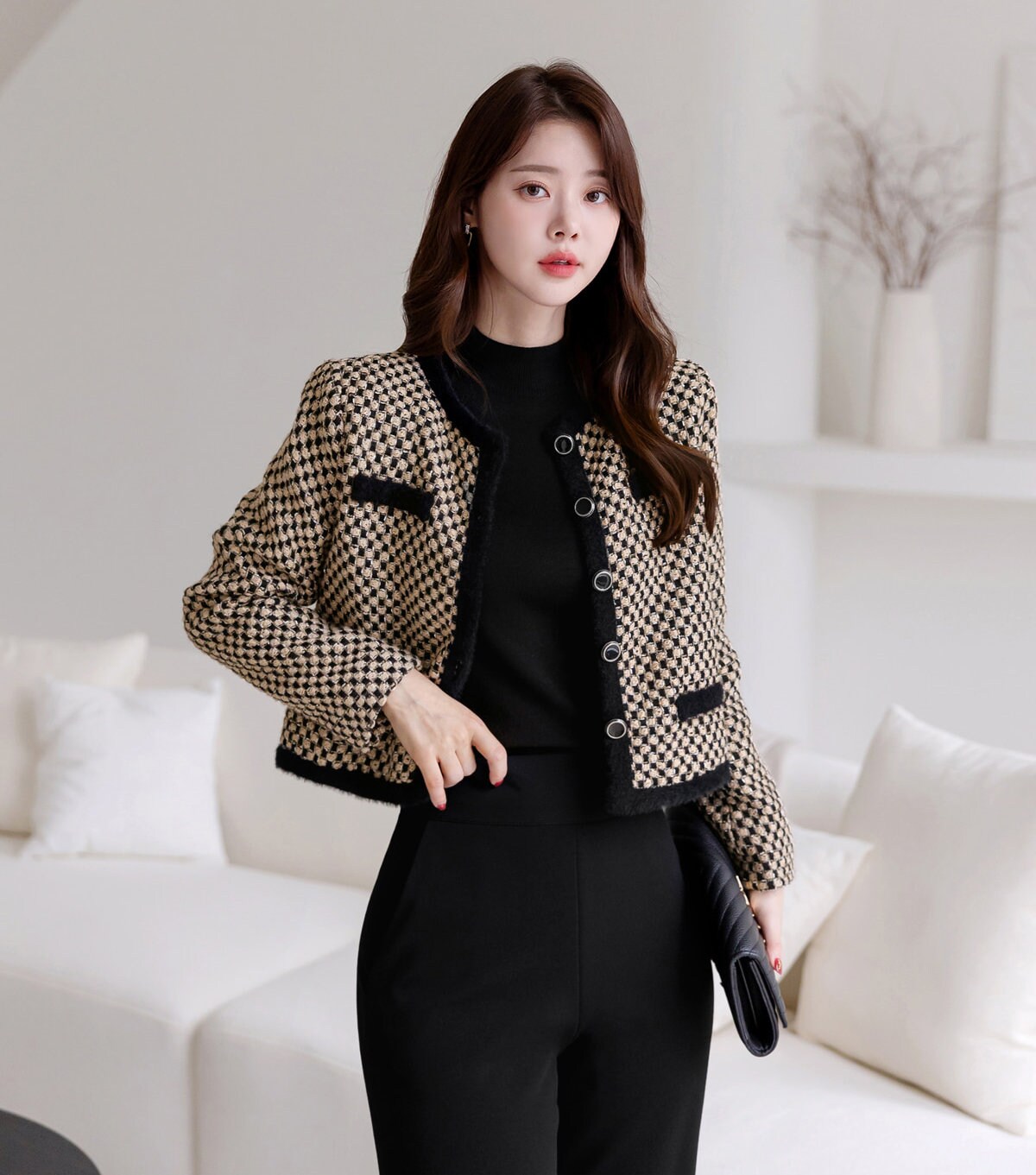 Elegant Warm Fur Trimmed Tweed Jacket Blazer / Korean Style Classic Cardigan Autumn Winter Blazer / Long Sleeve Soft Jacket