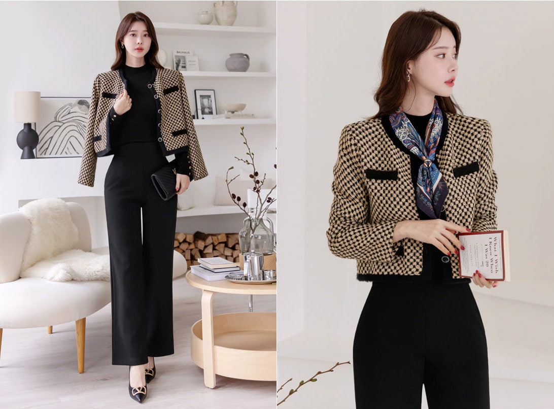 Elegant Warm Fur Trimmed Tweed Jacket Blazer / Korean Style Classic Cardigan Autumn Winter Blazer / Long Sleeve Soft Jacket