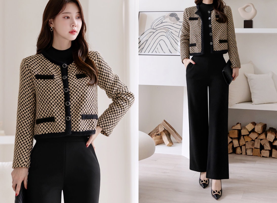 Elegant Warm Fur Trimmed Tweed Jacket Blazer / Korean Style Classic Cardigan Autumn Winter Blazer / Long Sleeve Soft Jacket