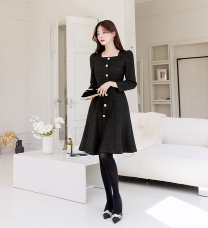 Elegant Square Neck Classic Tweed Flare Dress / Korean Style Feminine Mini Dress / Luxury wear Elegant Party Dress