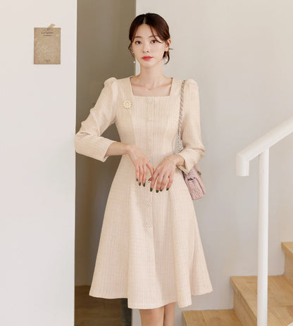 Elegant Square Neck Classic Tweed Flare Dress / Korean Style Feminine Mini Dress / Luxury wear Elegant Party Dress