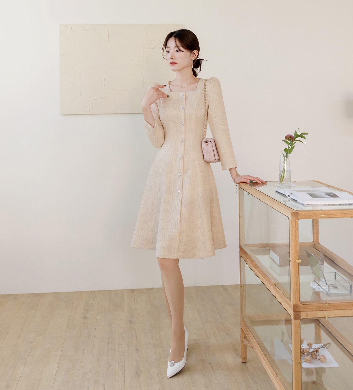 Elegant Square Neck Classic Tweed Flare Dress / Korean Style Feminine Mini Dress / Luxury wear Elegant Party Dress