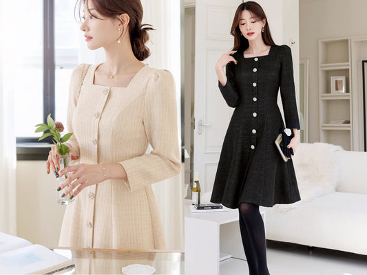 Elegant Square Neck Classic Tweed Flare Dress / Korean Style Feminine Mini Dress / Luxury wear Elegant Party Dress