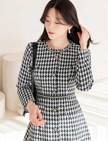 Elegant Classic Pearl Trimmed Tweed Flare Dress / Korean Style Feminine Houndstooth Dress / Luxury wear Elegant Party Dress