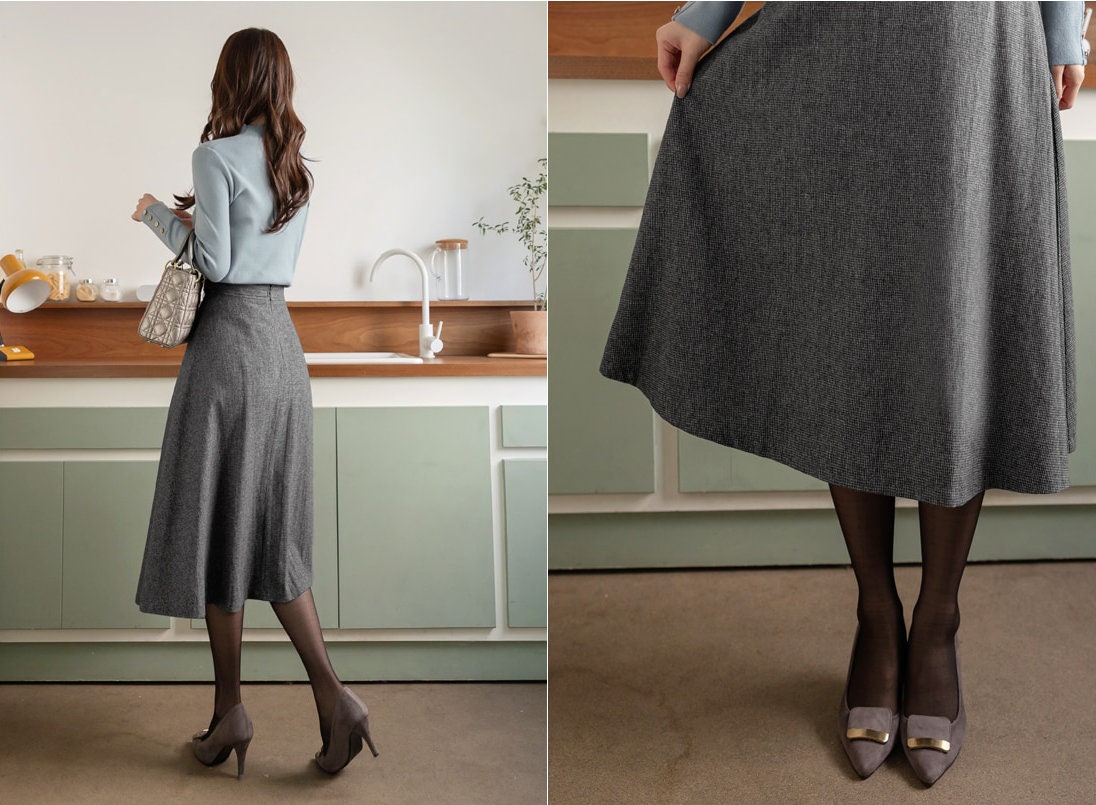 Elegant Feminin Wool Blend Flare Skirt / Korean Style Party Dress Skirt / Daily Dressy Midi Skirt / Clasic Simple Skirt for Fall Winter