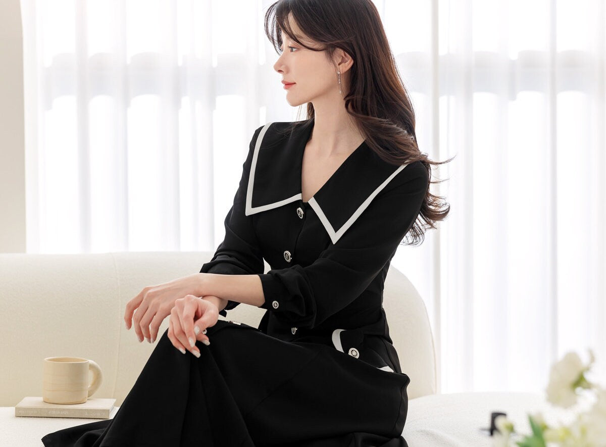 Elegant Feminin Big Collared Long Sleeve Shirtdress / Korean Style Spring Fall Midi Dress