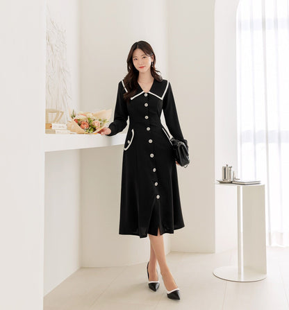 Elegant Feminin Big Collared Long Sleeve Shirtdress / Korean Style Spring Fall Midi Dress