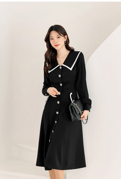 Elegant Feminin Big Collared Long Sleeve Shirtdress / Korean Style Spring Fall Midi Dress