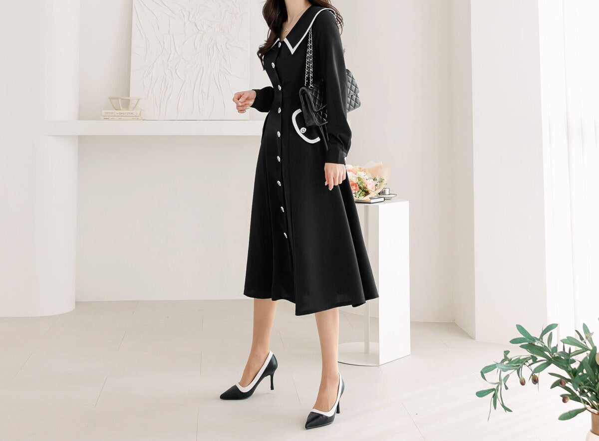 Elegant Feminin Big Collared Long Sleeve Shirtdress / Korean Style Spring Fall Midi Dress