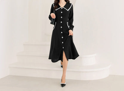 Elegant Feminin Big Collared Long Sleeve Shirtdress / Korean Style Spring Fall Midi Dress