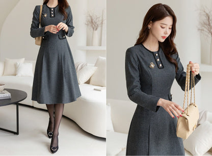 Elegant Classic Warm Herringbone Flare Dress for Fall Winter / Korean Style Feminine Midi Dress / Luxury wear Elegant Dress in Gray Color