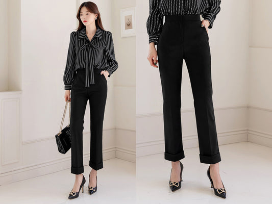 Comfortable Warm Elegant Straight Rolled-Up Slacks / Korean Style Women Basic Pants / Comfortable Office School Pants for Fall Winter