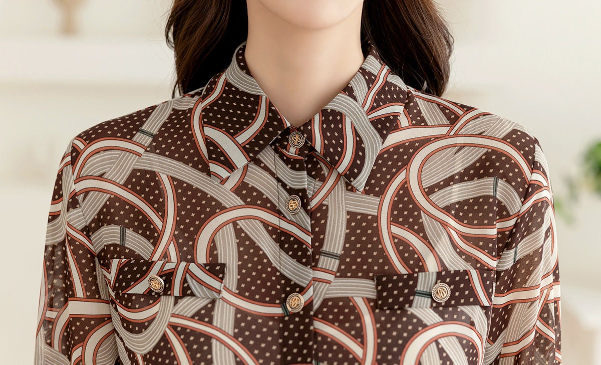 Modern Chic Pattern See-Through Blouse / Korean Style Elegant Blouse Top / Office Look Top / Everyday Soft Blouse