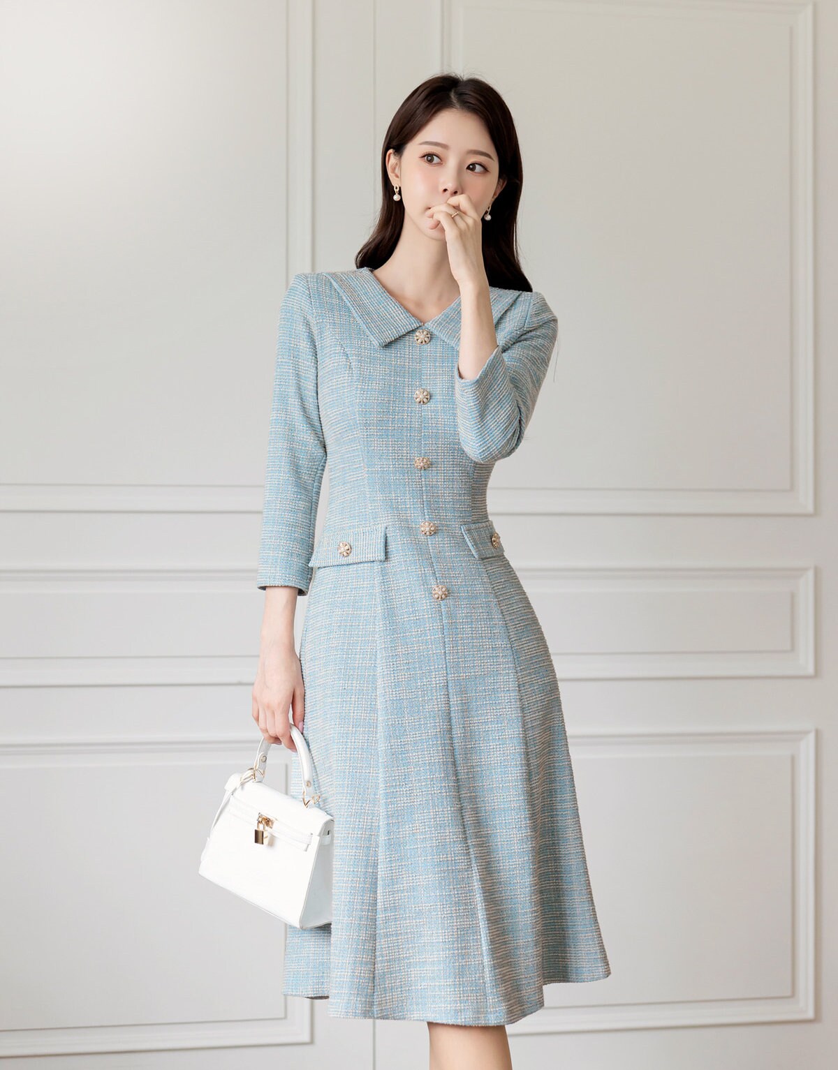 Feminine Elegant Tweed Dress with Jewel Button / Korean Style Feminine Semi-Mermaid Midi Dress / Luxury wear Elegant Party Dress