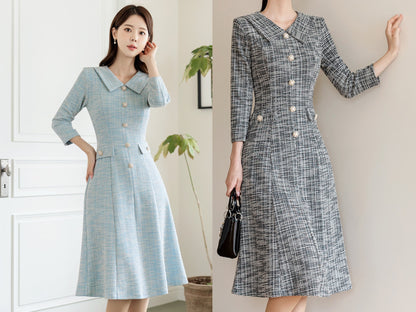 Feminine Elegant Tweed Dress with Jewel Button / Korean Style Feminine Semi-Mermaid Midi Dress / Luxury wear Elegant Party Dress