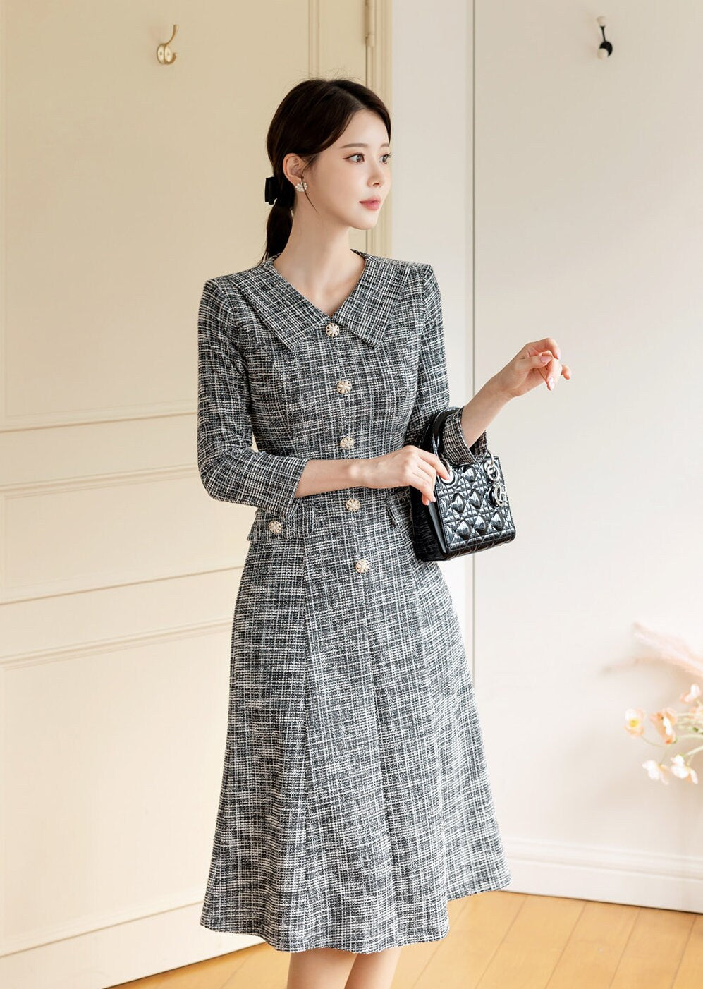 Feminine Elegant Tweed Dress with Jewel Button / Korean Style Feminine Semi-Mermaid Midi Dress / Luxury wear Elegant Party Dress