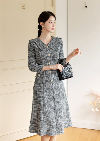 Feminine Elegant Tweed Dress with Jewel Button / Korean Style Feminine Semi-Mermaid Midi Dress / Luxury wear Elegant Party Dress