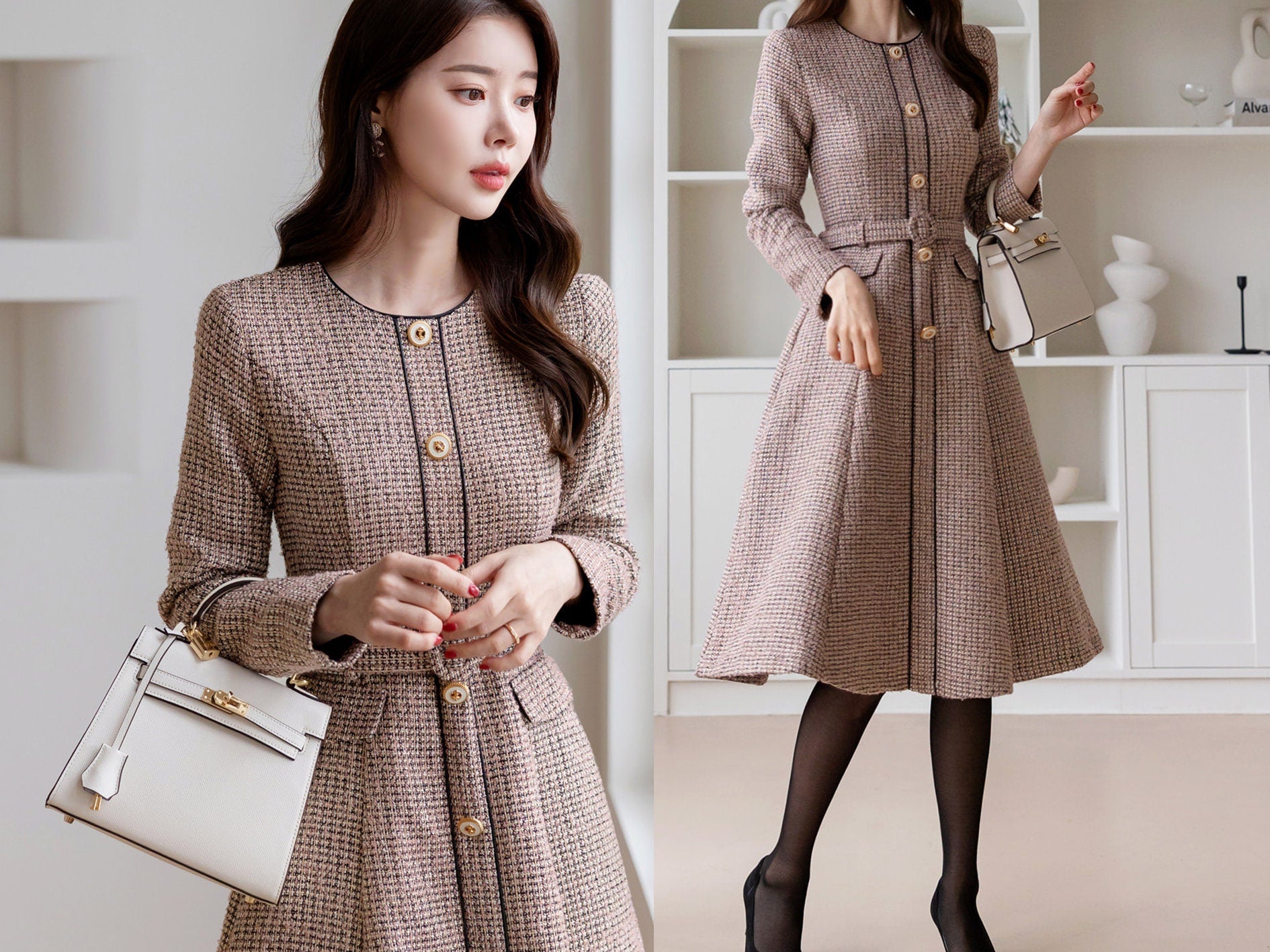 Elegant Classic Tweed Flare Dress with Belt / Korean Style Feminine Midi Dress / Luxury wear Elegant Party Dress