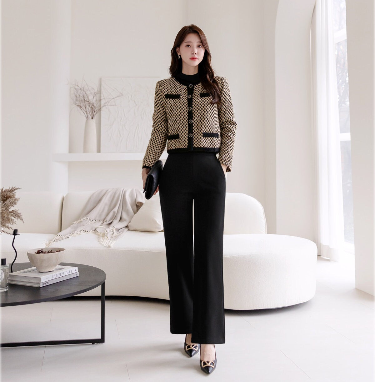 Elegant Warm Fur Trimmed Tweed Jacket Blazer / Korean Style Classic Cardigan Autumn Winter Blazer / Long Sleeve Soft Jacket