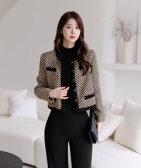 Elegant Warm Fur Trimmed Tweed Jacket Blazer / Korean Style Classic Cardigan Autumn Winter Blazer / Long Sleeve Soft Jacket