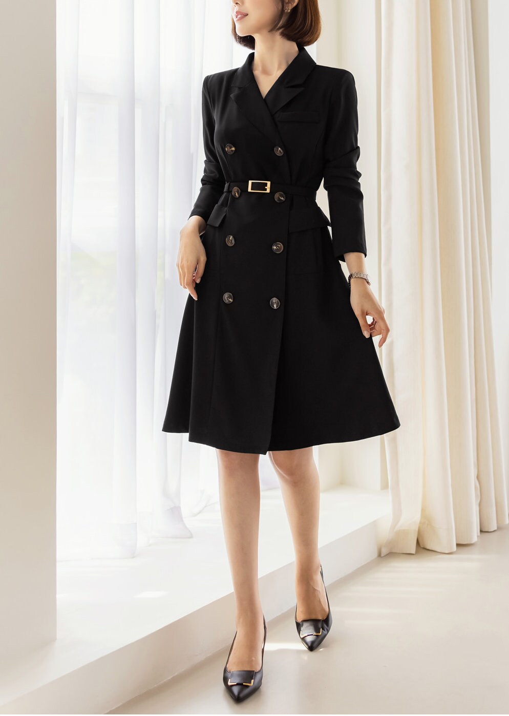 Classic Elegant Feminin Double Breasted Dress / Korean Style Midi Dress / Modern Chic Tailored Collar Dress / TrenchCoat Jacket Style Dress