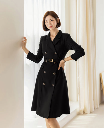 Classic Elegant Feminin Double Breasted Dress / Korean Style Midi Dress / Modern Chic Tailored Collar Dress / TrenchCoat Jacket Style Dress