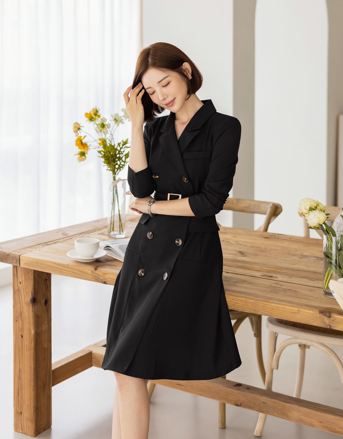 Classic Elegant Feminin Double Breasted Dress / Korean Style Midi Dress / Modern Chic Tailored Collar Dress / TrenchCoat Jacket Style Dress