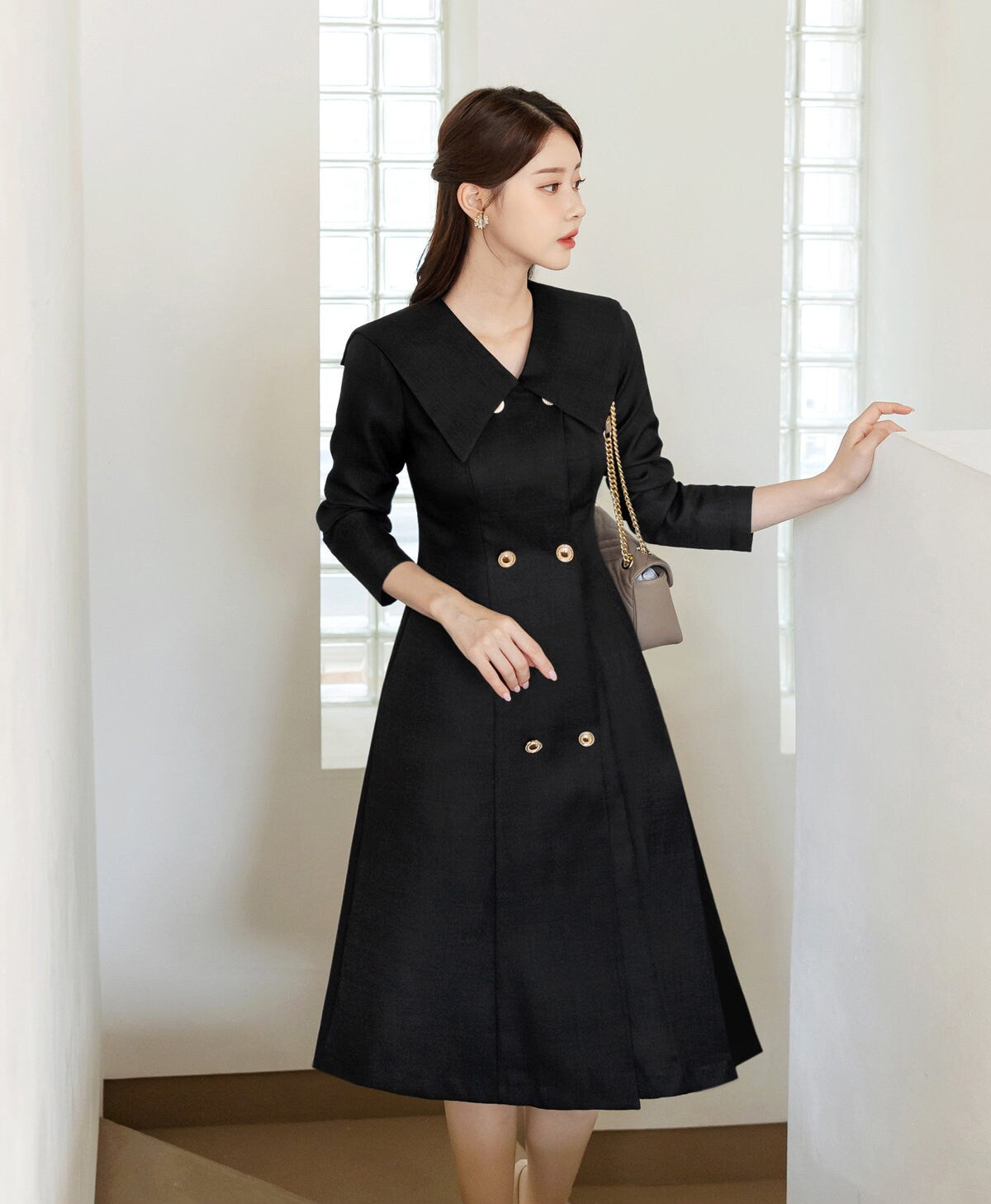 Elegant Feminin Sailor Wide collar Double Breasted Tweed Dress / Korean Style Modern Chic Dress / Jacket Coat Style Dress