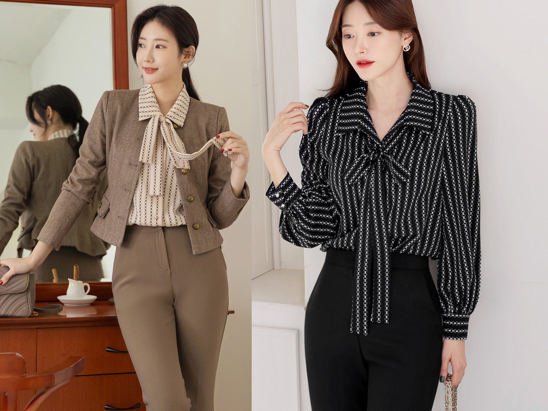 Modern Chic Pattern Blouse with Tie / Korean Style Elegant Tie Blouse Top / Office Look Top / Everyday Soft Blouse