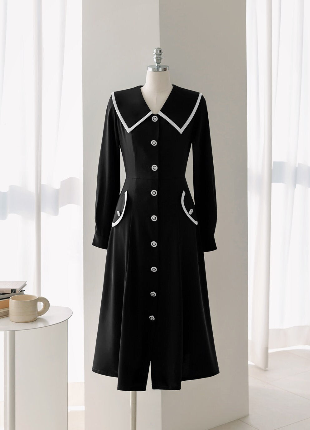 Elegant Feminin Big Collared Long Sleeve Shirtdress / Korean Style Spring Fall Midi Dress