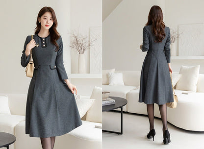 Elegant Classic Warm Herringbone Flare Dress for Fall Winter / Korean Style Feminine Midi Dress / Luxury wear Elegant Dress in Gray Color