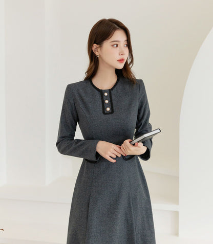 Elegant Classic Warm Herringbone Flare Dress for Fall Winter / Korean Style Feminine Midi Dress / Luxury wear Elegant Dress in Gray Color