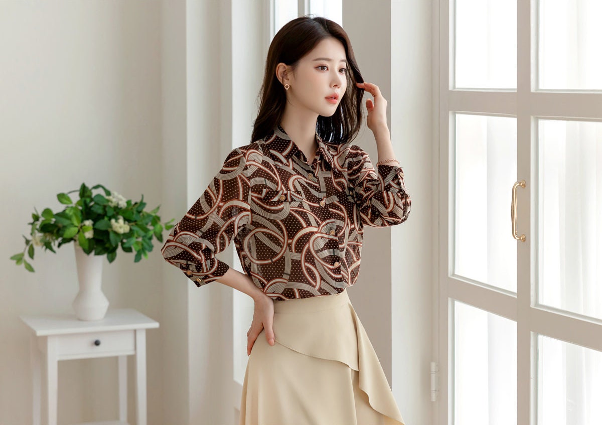 Modern Chic Pattern See-Through Blouse / Korean Style Elegant Blouse Top / Office Look Top / Everyday Soft Blouse