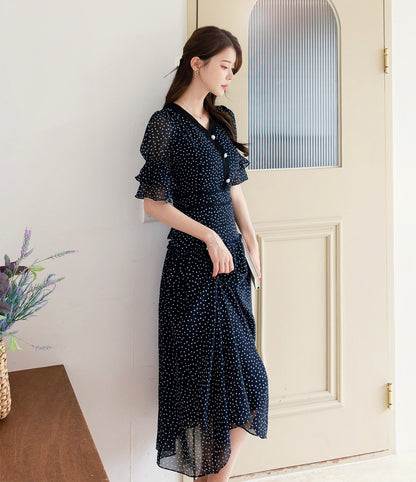 Dot Pattern Short Sleeve V Neck Chiffon Dress / Korean Style Women Flare Dress / V-neck Short Sleeve Summer Midi Dress