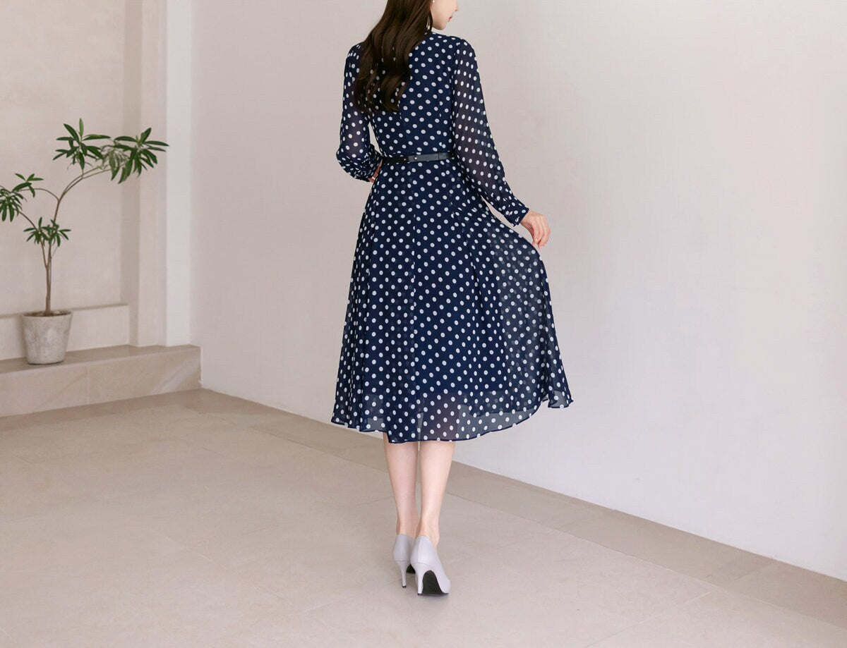 Dot Pattern Tie Neck Chiffon Flare Dress with Belt / Korean Style Long Sleeve Midi Dress