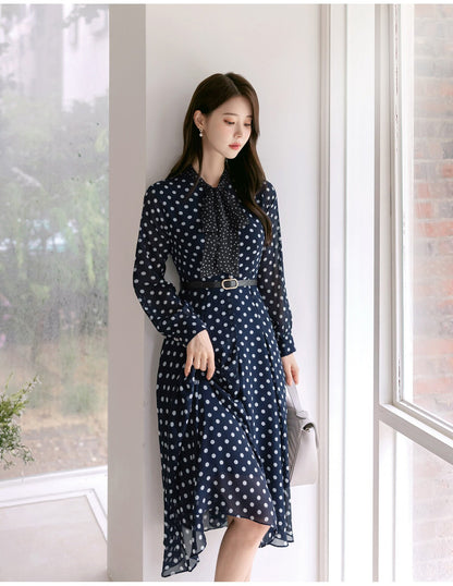 Dot Pattern Tie Neck Chiffon Flare Dress with Belt / Korean Style Long Sleeve Midi Dress