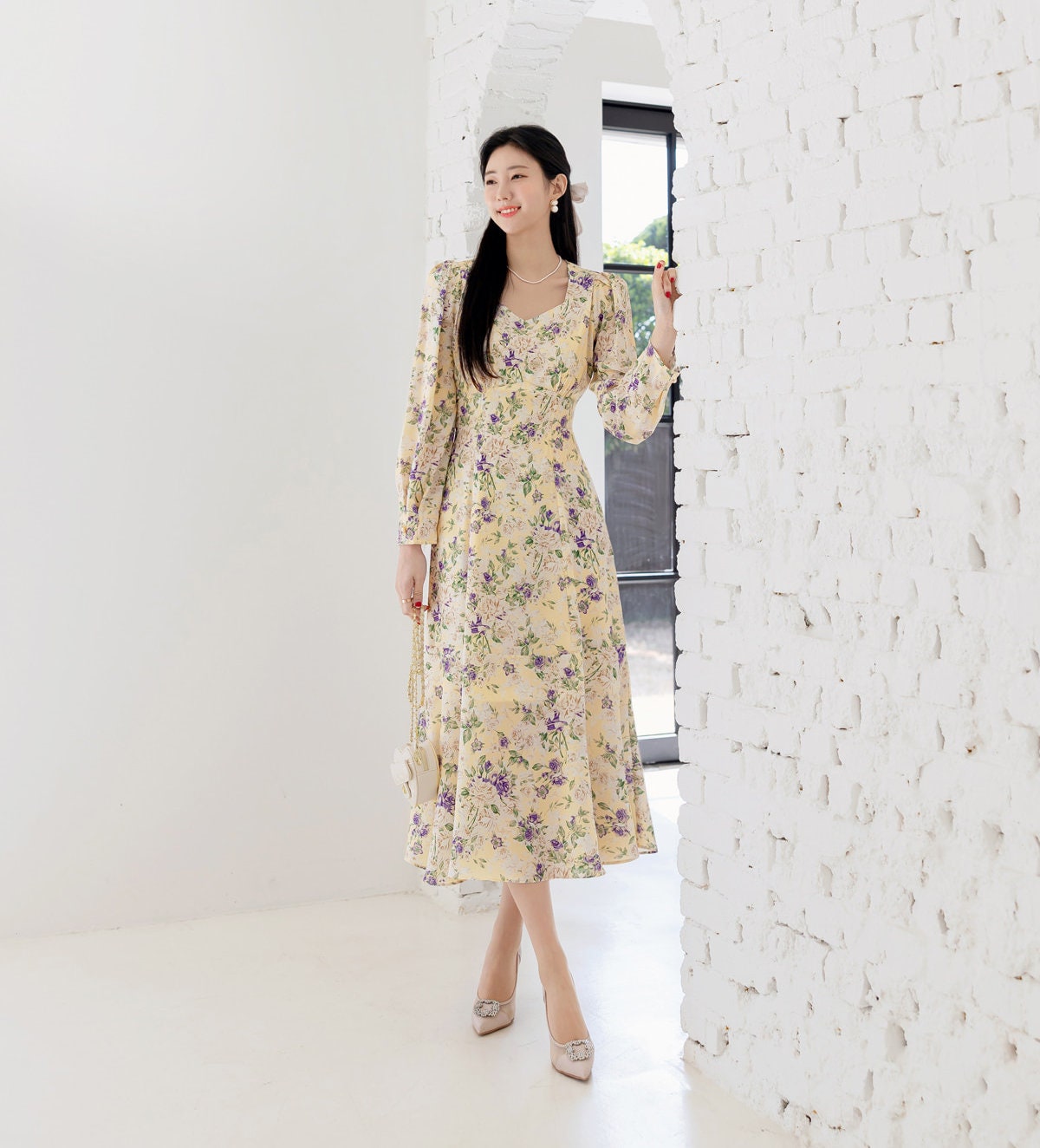 Floral Pattern Midi Long Flare Dress / Korean Style Long Sleeve Women Dress / Bridesmaid Dress